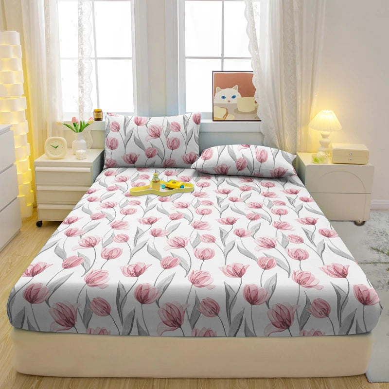 Modern Floral Fitted Sheet – Matte Finish (No Pillowcases)