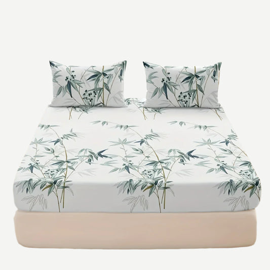 3pcs Bamboo Leaf Print Fitted Sheet Set – Soft, Breathable, and Hypoallergenic Bedding