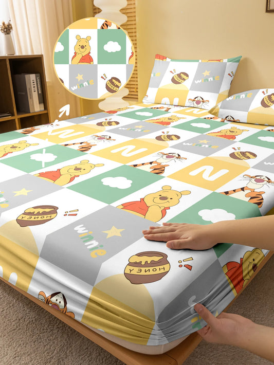 Cute Winnie the Pooh & Tigger Cartoon Fitted Sheet – Frosted Digital Print Bedding Cover for Bedroom (No Pillowcase)
